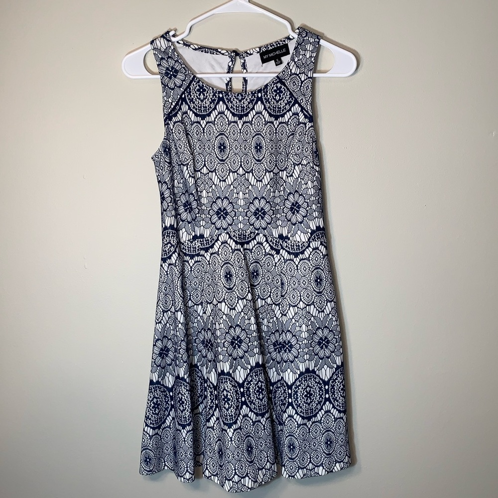 Girls Navy Blue and Ivory Lace dress - Small